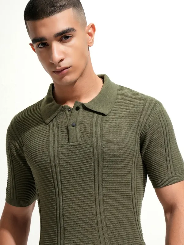 Highlander Men Olive Self Design Polo Collar T-Shirt