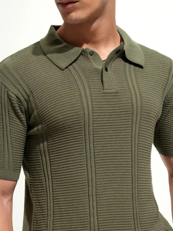 Highlander Men Olive Self Design Polo Collar T-Shirt
