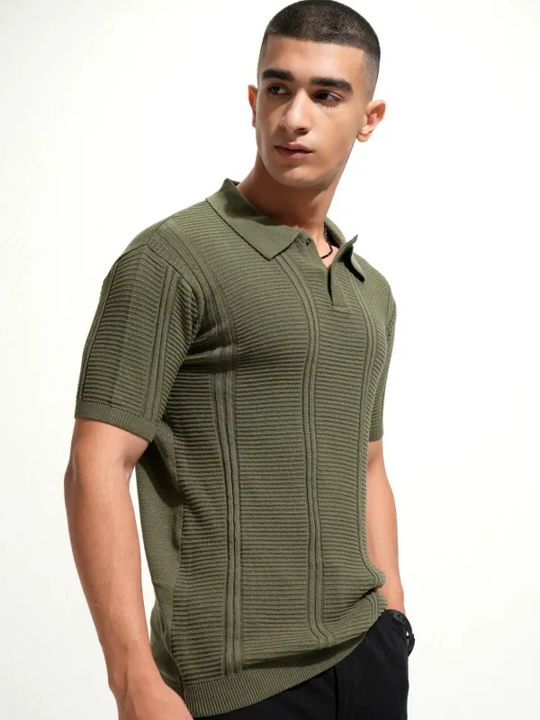 Highlander Men Olive Self Design Polo Collar T-Shirt