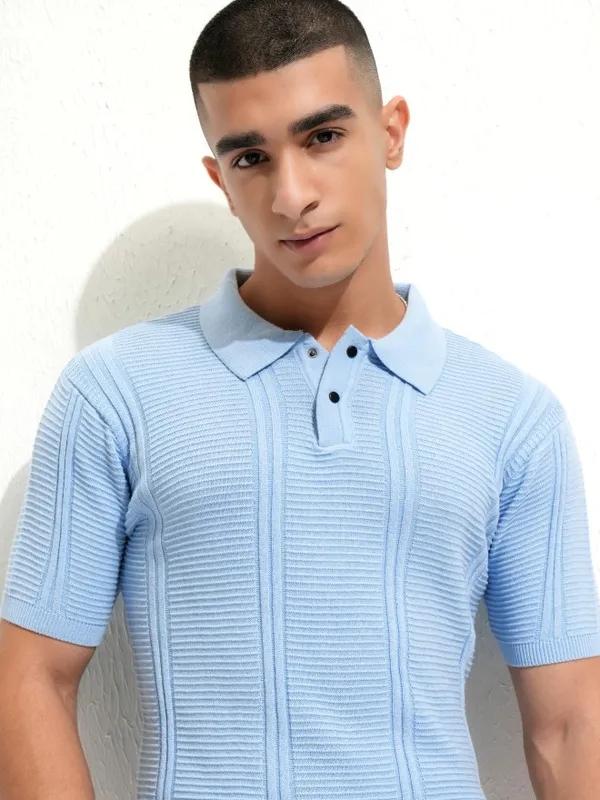 Highlander Men Blue Self Design Polo Collar T-Shirt