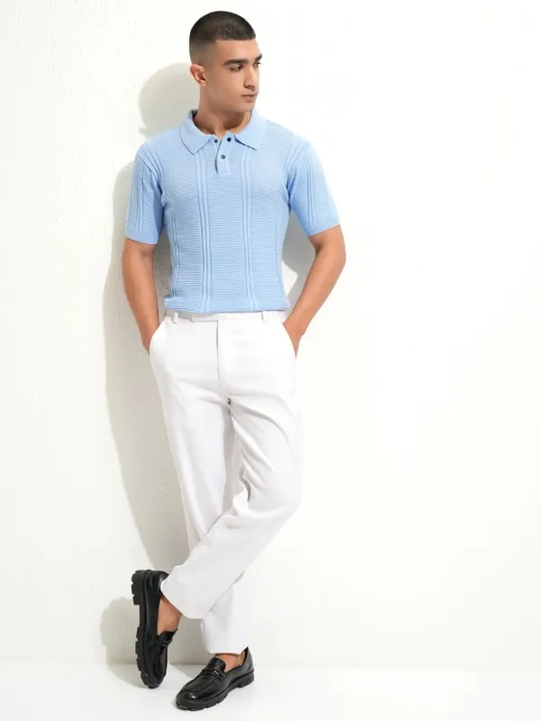 Highlander Men Blue Self Design Polo Collar T-Shirt