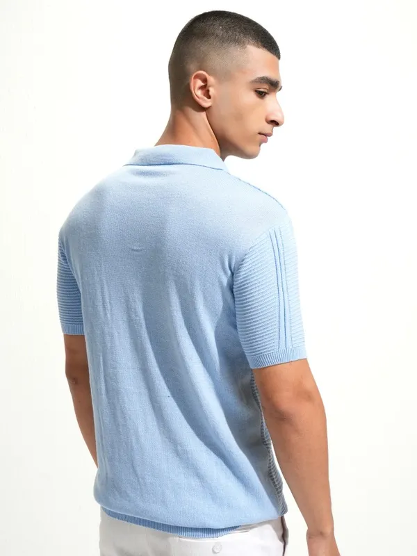Highlander Men Blue Self Design Polo Collar T-Shirt