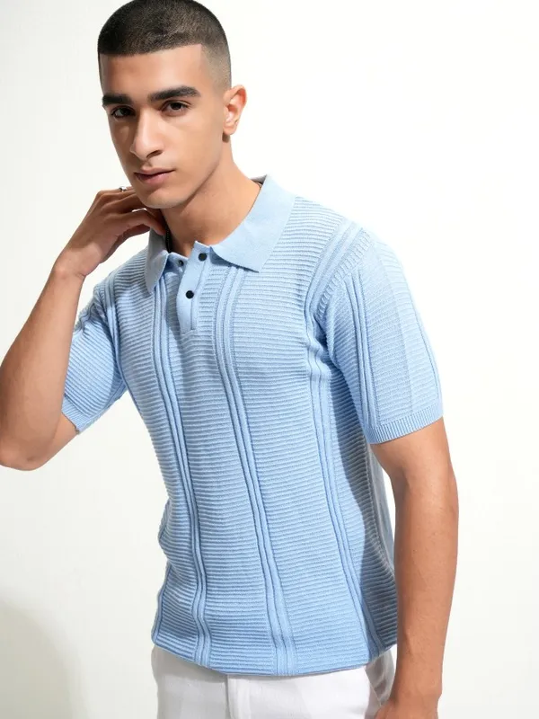 Highlander Men Blue Self Design Polo Collar T-Shirt