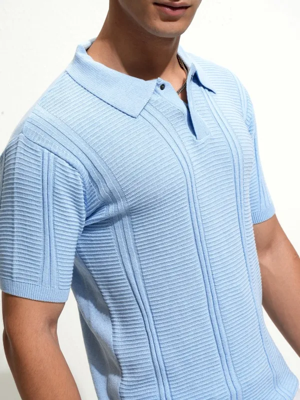 Highlander Men Blue Self Design Polo Collar T-Shirt