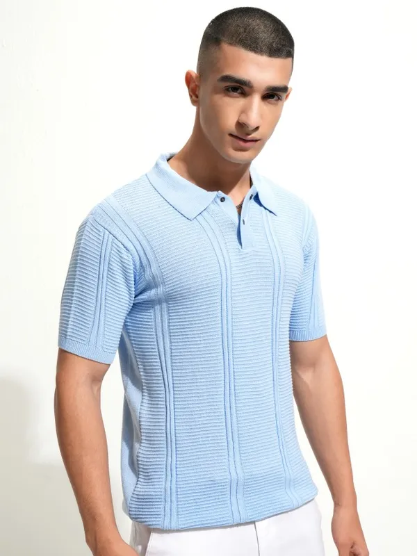 Highlander Men Blue Self Design Polo Collar T-Shirt