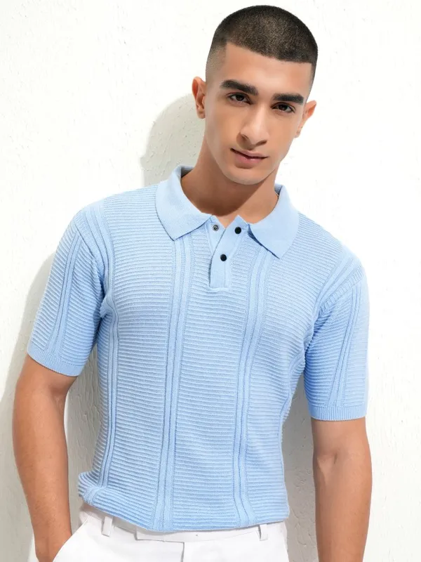 Highlander Men Blue Self Design Polo Collar T-Shirt