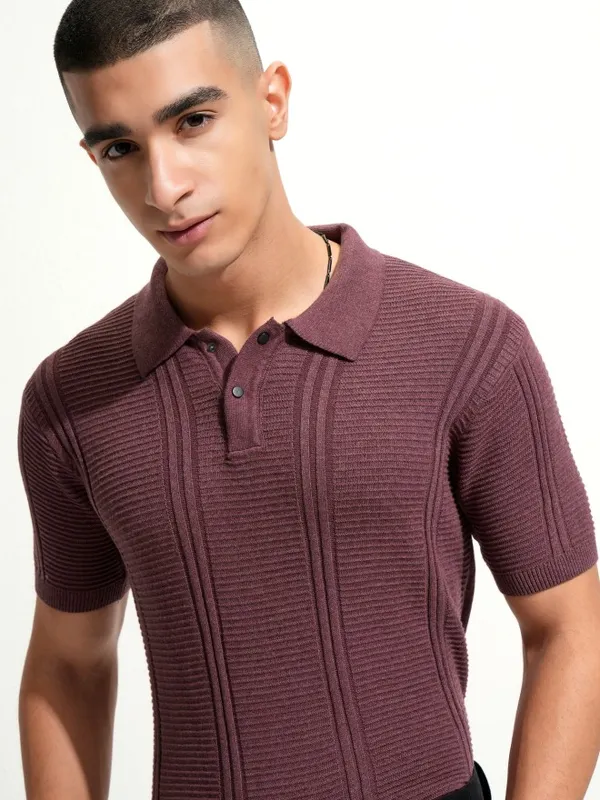 Highlander Men Burgundy Self Design Polo Collar T-Shirt