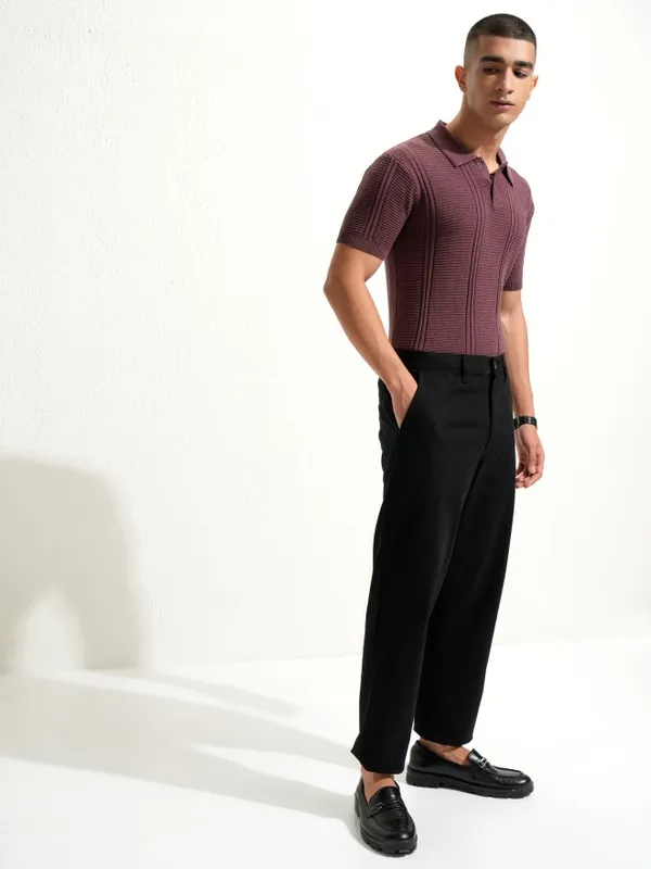 Highlander Men Burgundy Self Design Polo Collar T-Shirt