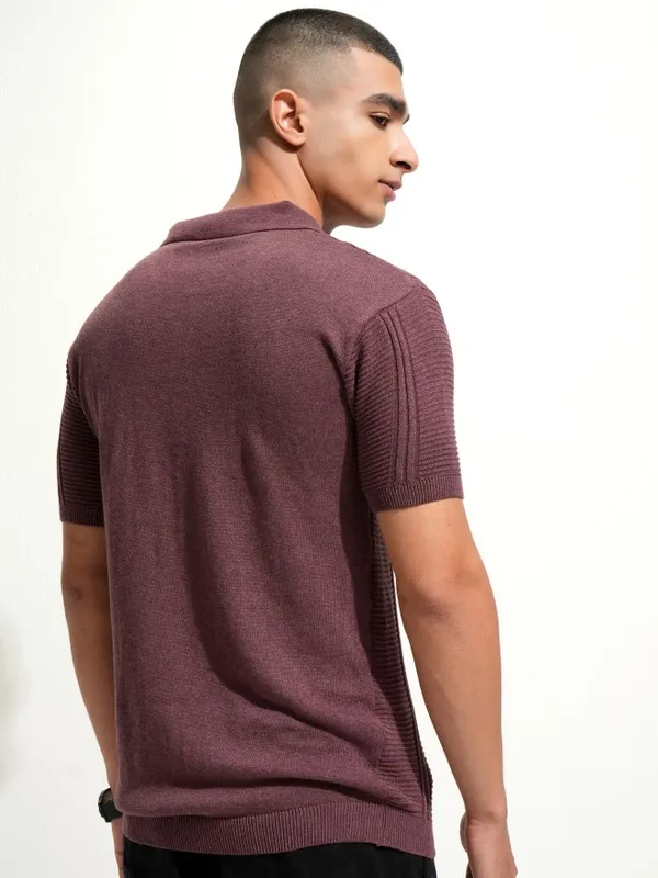 Highlander Men Burgundy Self Design Polo Collar T-Shirt