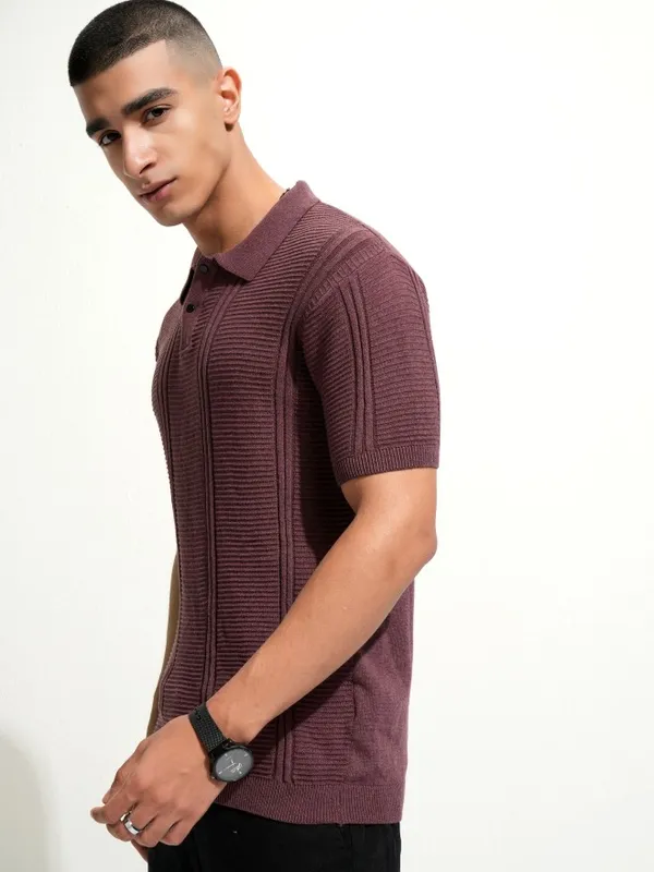 Highlander Men Burgundy Self Design Polo Collar T-Shirt