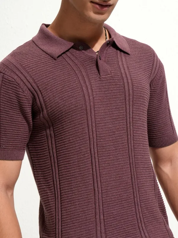 Highlander Men Burgundy Self Design Polo Collar T-Shirt
