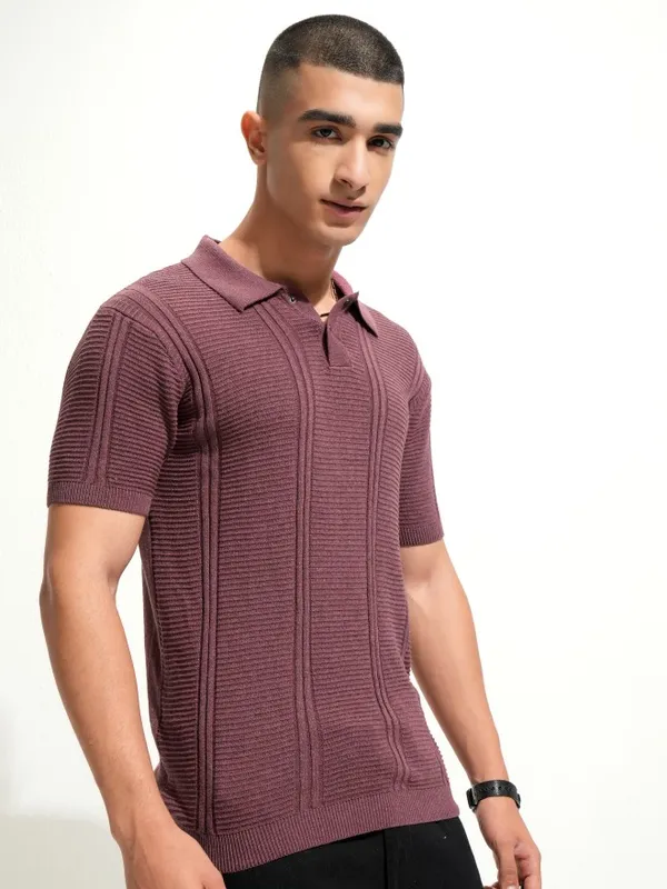 Highlander Men Burgundy Self Design Polo Collar T-Shirt