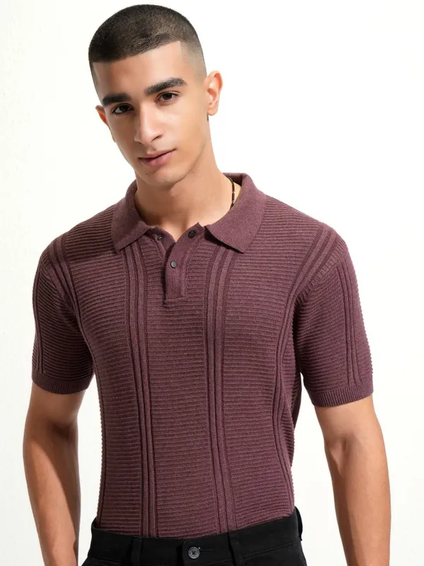 Highlander Men Burgundy Self Design Polo Collar T-Shirt