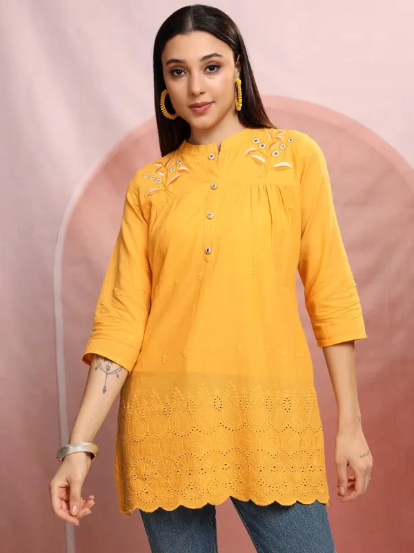 Vishudh Women Mustard Embroidered Tunic