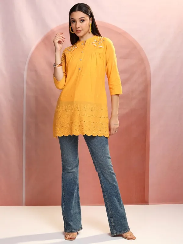Vishudh Women Mustard Embroidered Tunic