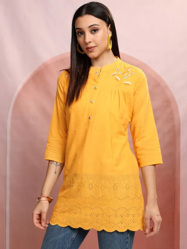 Vishudh Women Mustard Embroidered Tunic