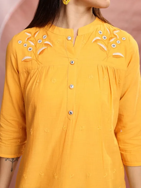 Vishudh Women Mustard Embroidered Tunic