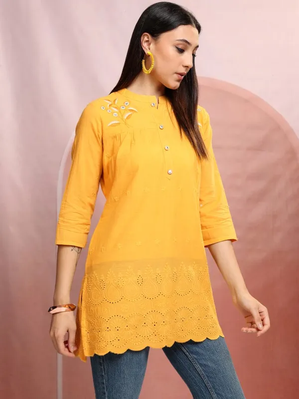Vishudh Women Mustard Embroidered Tunic