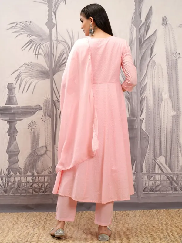 Vishudh Women Pink Embroidered Kurta With Trousers And Dupatta