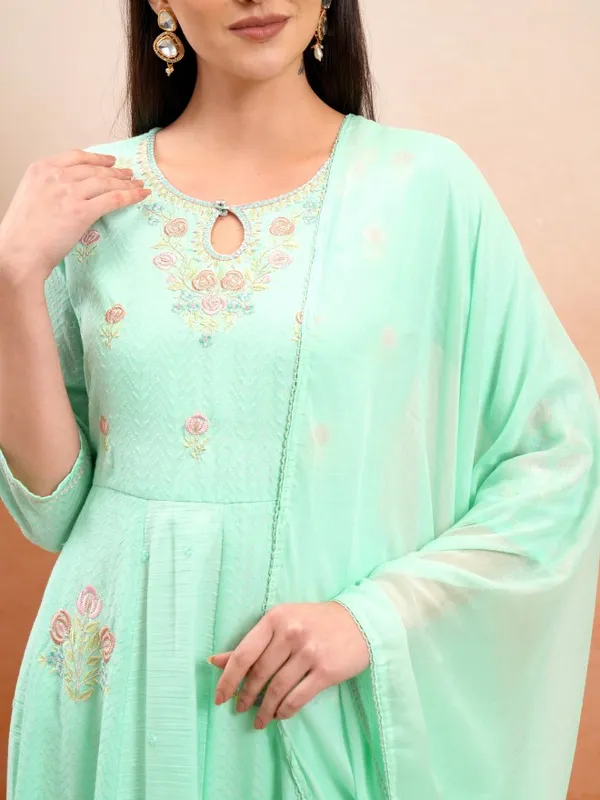 Vishudh Women Green Embroidered Kurta With Trousers And Dupatta