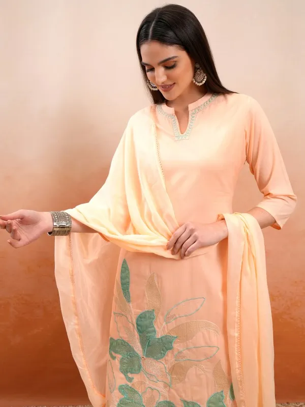 Vishudh Women Peach Embroidered Kurta With Trousers And Dupatta