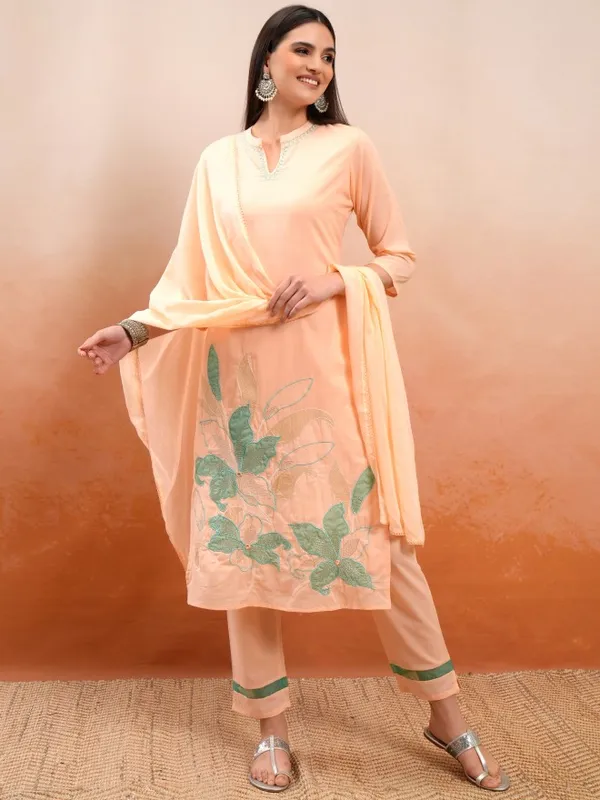 Vishudh Women Peach Embroidered Kurta With Trousers And Dupatta