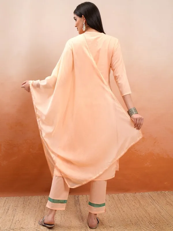 Vishudh Women Peach Embroidered Kurta With Trousers And Dupatta