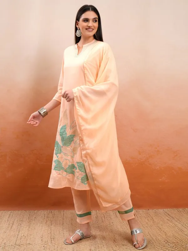 Vishudh Women Peach Embroidered Kurta With Trousers And Dupatta