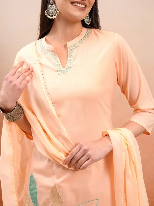 Vishudh Women Peach Embroidered Kurta With Trousers And Dupatta