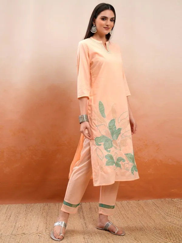 Vishudh Women Peach Embroidered Kurta With Trousers And Dupatta