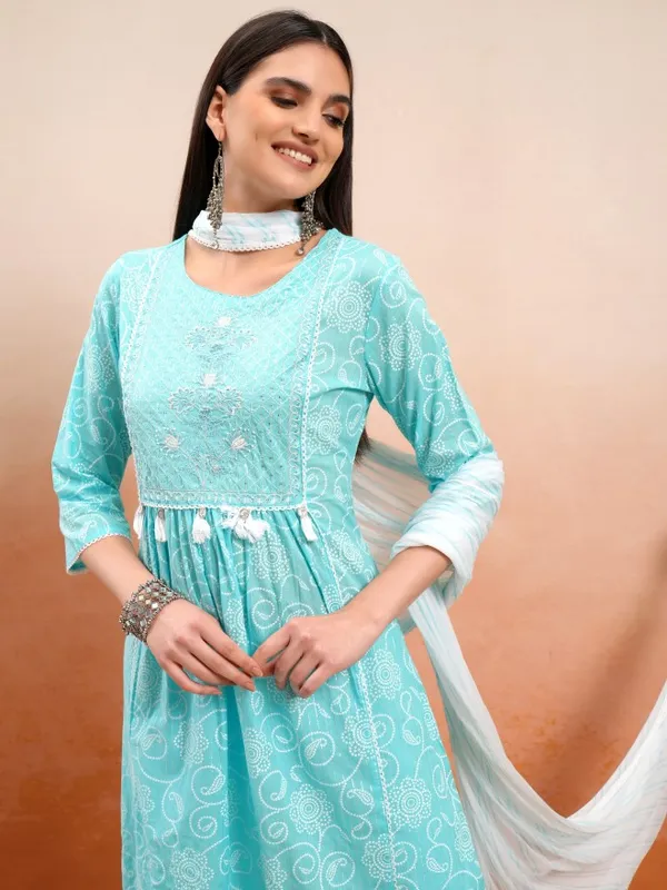 Vishudh Women Blue Embroidered Kurta With Trouser And Dupatta