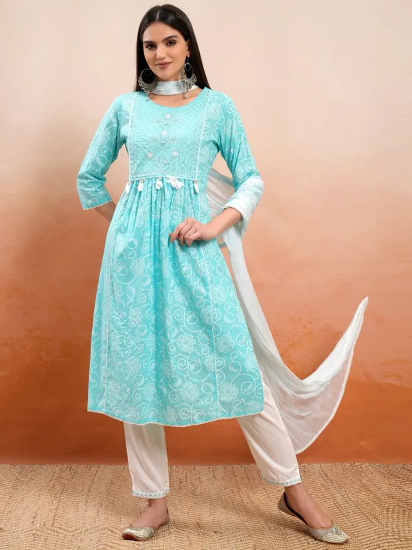 Vishudh Women Blue Embroidered Kurta With Trouser And Dupatta