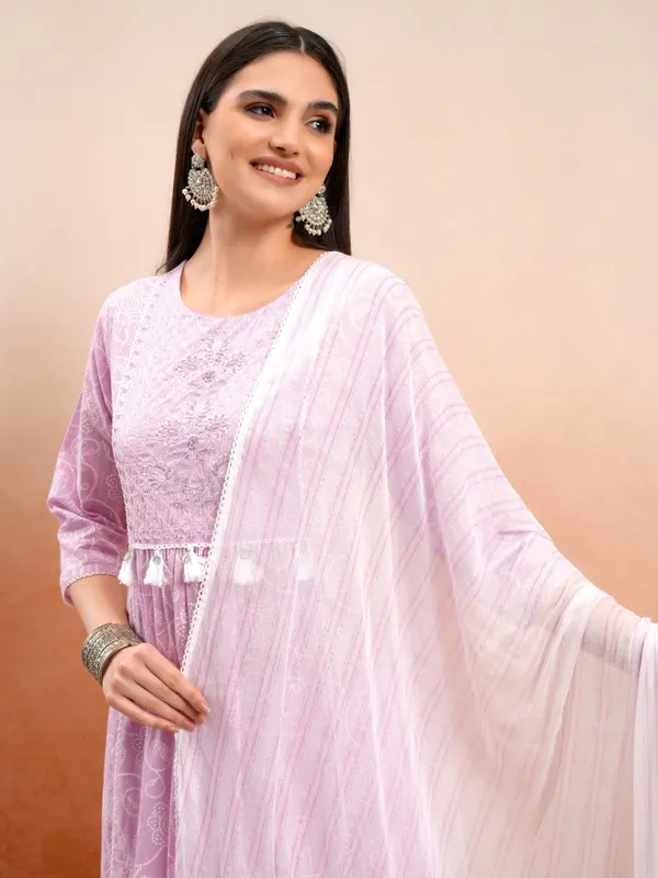 Vishudh Women Lavender Embroidered Kurta With Trouser And Dupatta