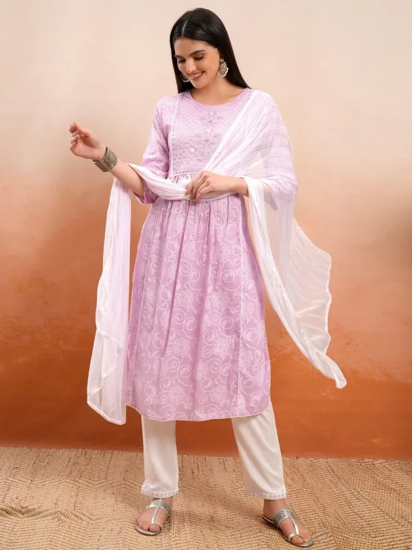 Vishudh Women Lavender Embroidered Kurta With Trouser And Dupatta