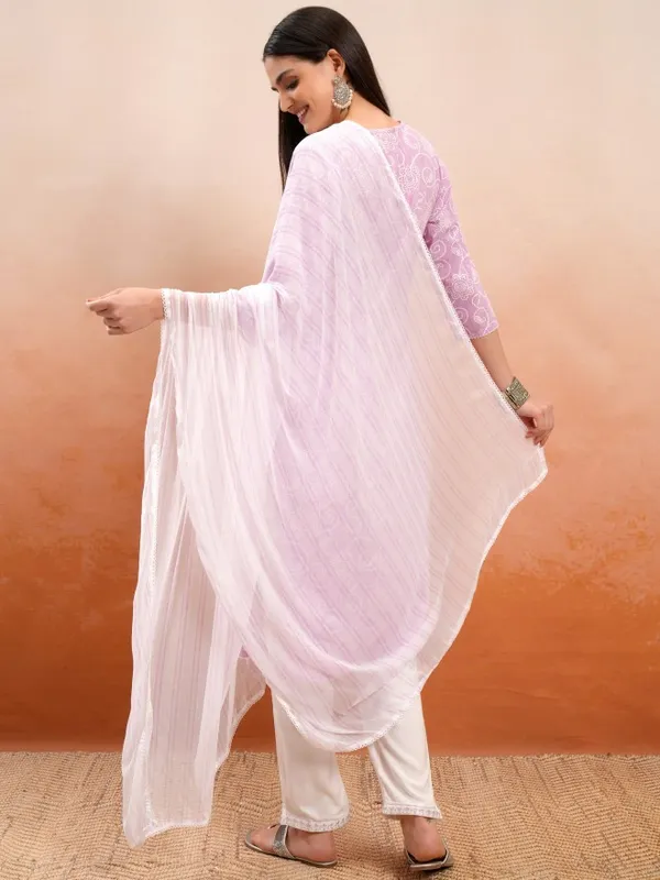 Vishudh Women Lavender Embroidered Kurta With Trouser And Dupatta
