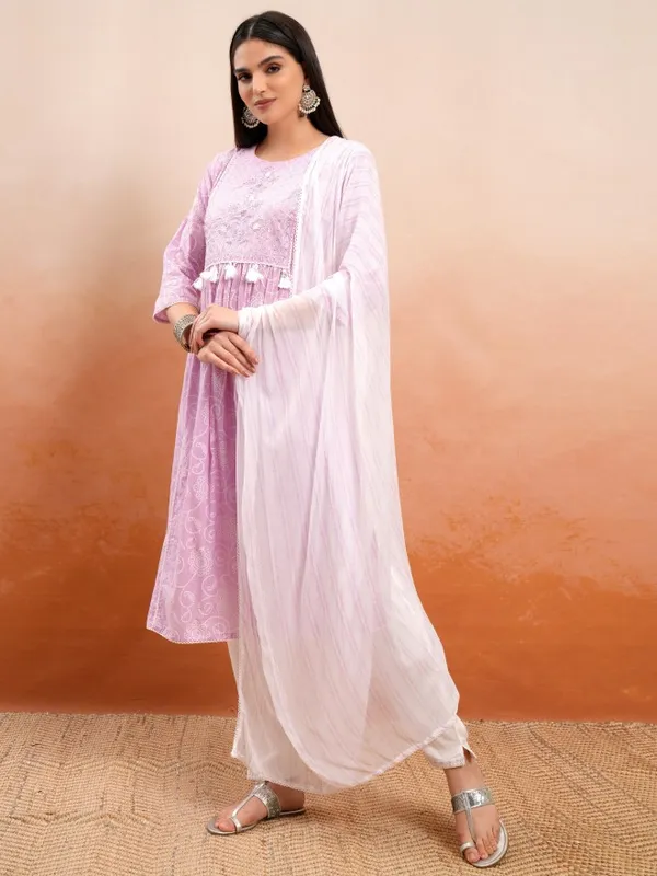 Vishudh Women Lavender Embroidered Kurta With Trouser And Dupatta