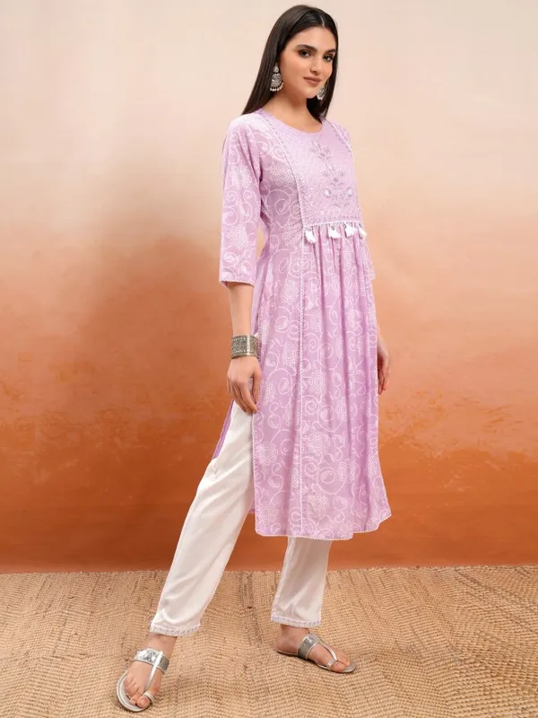 Vishudh Women Lavender Embroidered Kurta With Trouser And Dupatta