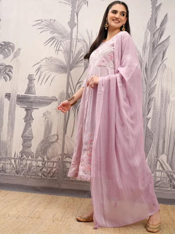 Vishudh Women Mauve Embroidered Kurta With Trouser And Dupatta