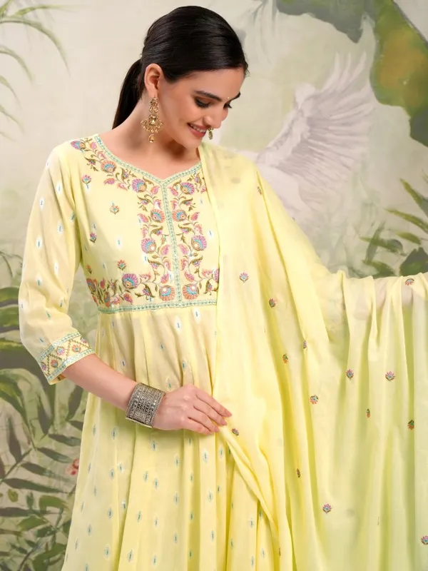 Vishudh Women Yellow Embroidered Kurta With Trousers And Dupatta