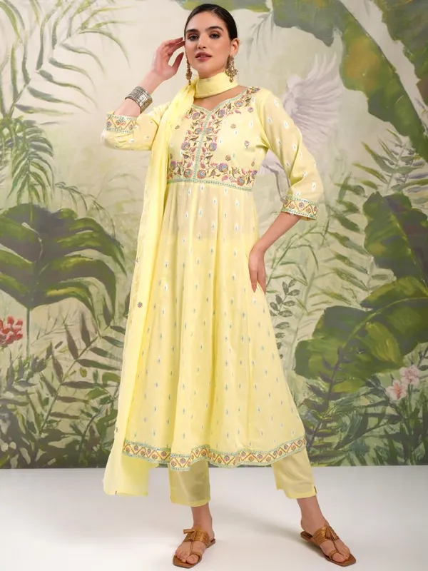 Vishudh Women Yellow Embroidered Kurta With Trousers And Dupatta
