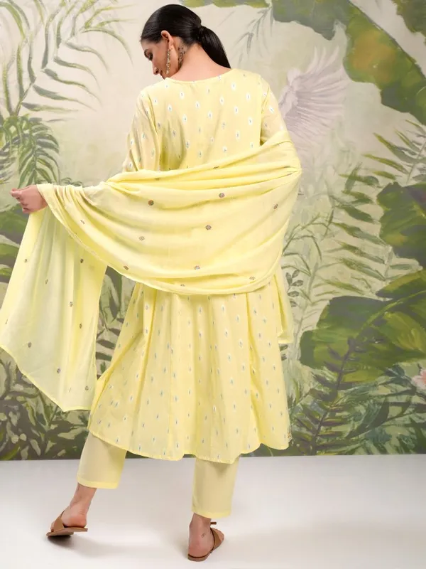 Vishudh Women Yellow Embroidered Kurta With Trousers And Dupatta