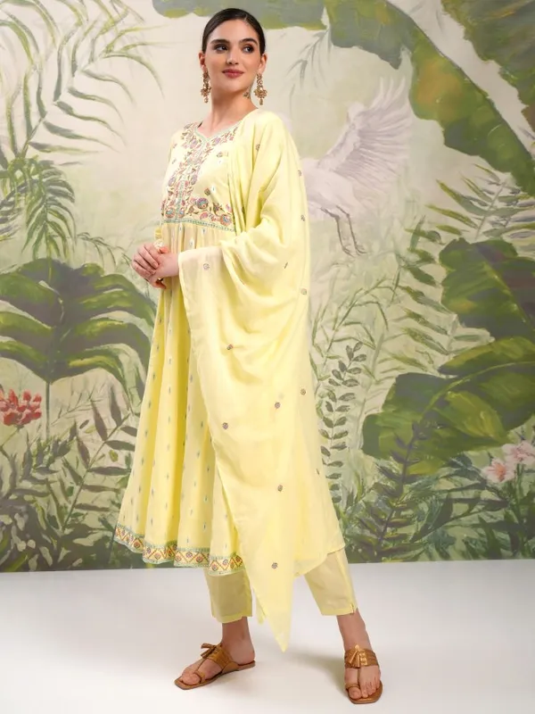 Vishudh Women Yellow Embroidered Kurta With Trousers And Dupatta