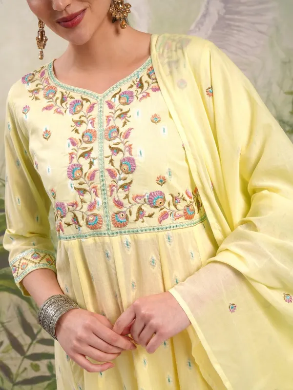 Vishudh Women Yellow Embroidered Kurta With Trousers And Dupatta