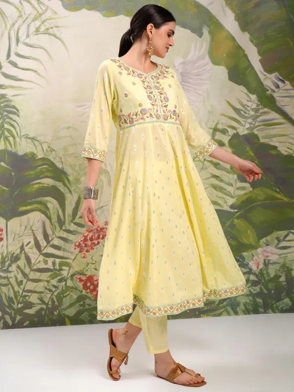 Vishudh Women Yellow Embroidered Kurta With Trousers And Dupatta