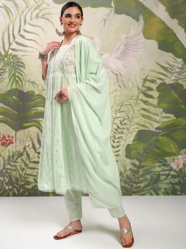 Vishudh Women Green Embroidered Kurta With Trousers And Dupatta