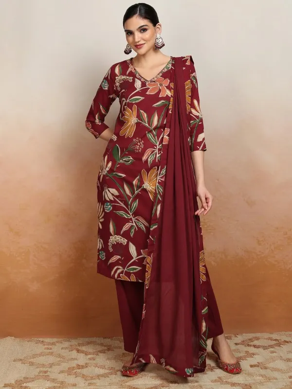 Vishudh Women Maroon Printed Kurta With Trousers And Dupatta
