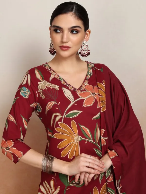 Vishudh Women Maroon Printed Kurta With Trousers And Dupatta