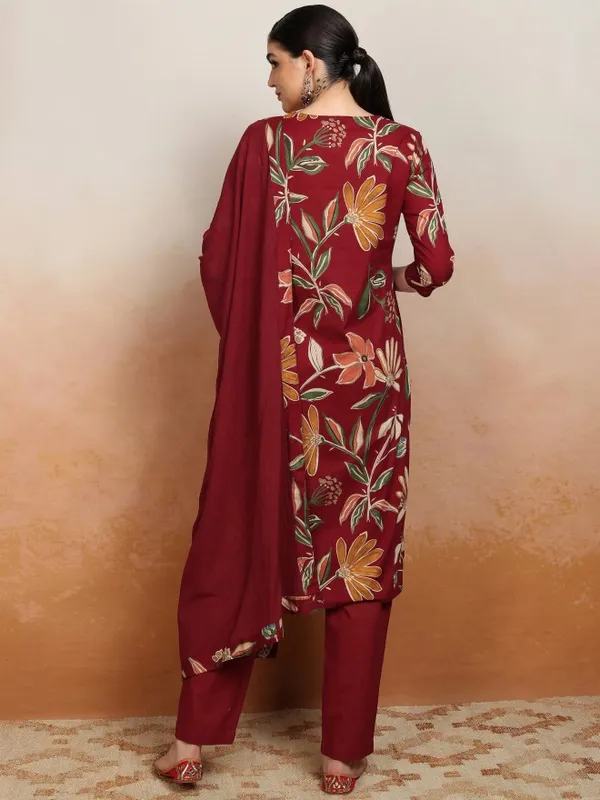 Vishudh Women Maroon Printed Kurta With Trousers And Dupatta