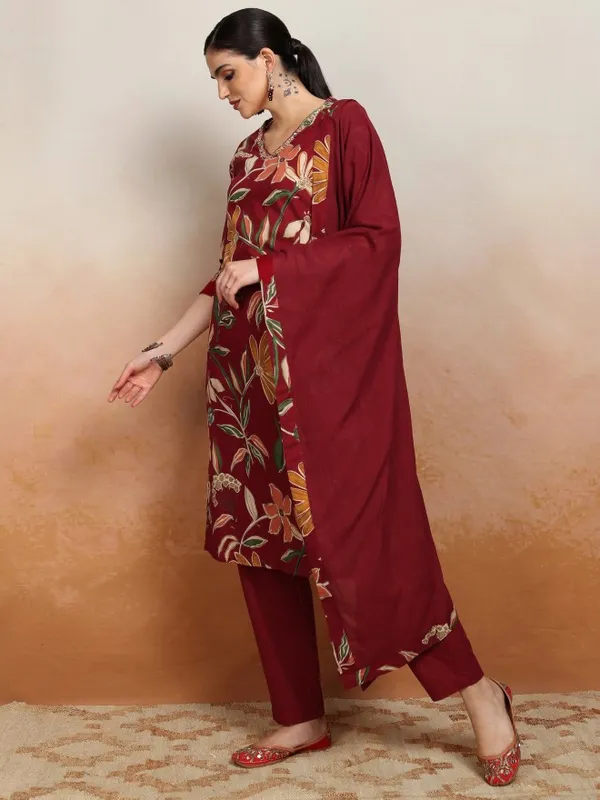 Vishudh Women Maroon Printed Kurta With Trousers And Dupatta