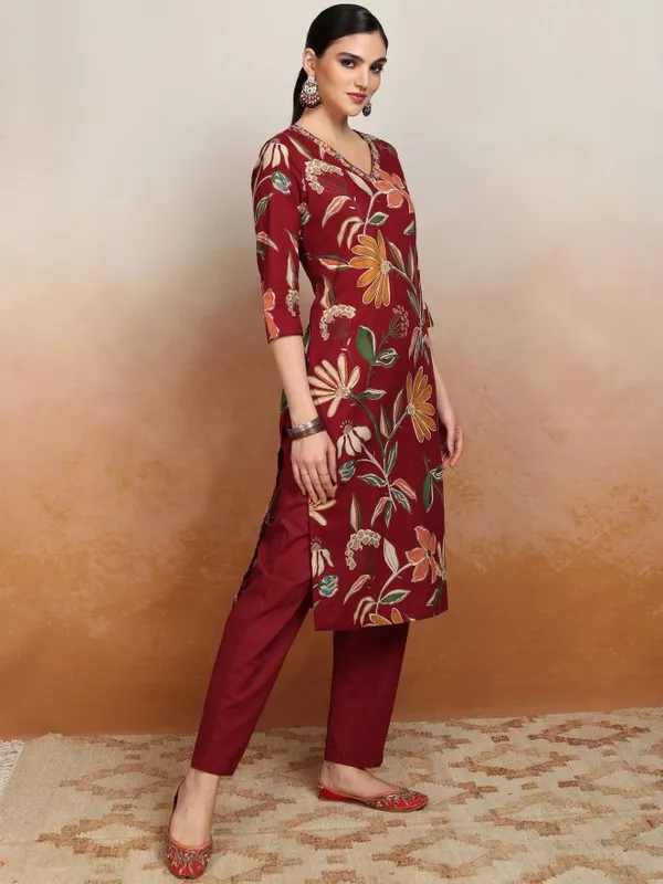 Vishudh Women Maroon Printed Kurta With Trousers And Dupatta